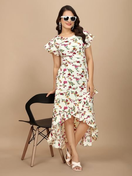 White Floral Elegance High Low Ruffle Hemline Crape Dress with Butterfly Sleeves Sale