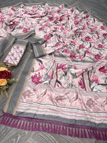 White Rani Cotton Silk Handloom Printed Saree with Tassel Border Pallu Sale