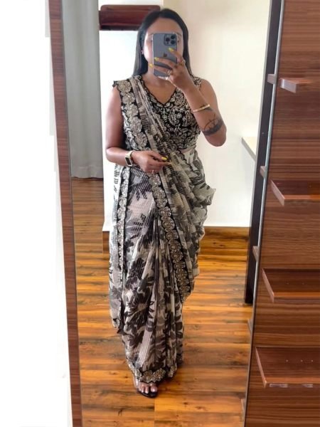 White Ready To Wear  Digital Printed Embroidered Georgette Saree Saree