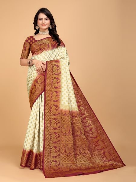 White Woven Banarasi Nylon Pure Silk Saree Sale