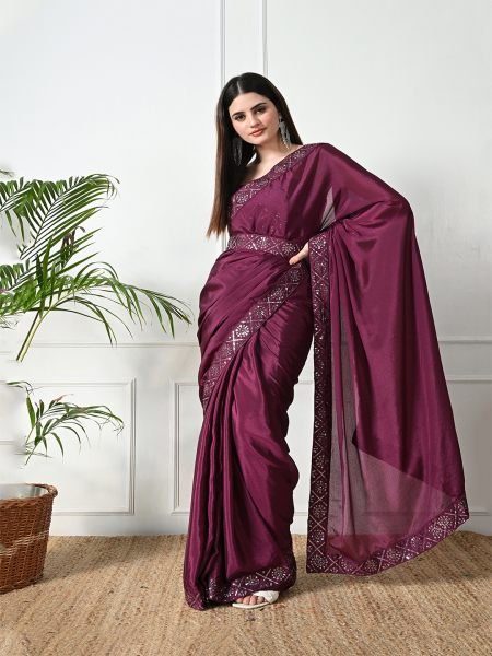 Wine Chic Party Wear A Modern Chinon Solid Saree with an Embroidered Lace Border Sale