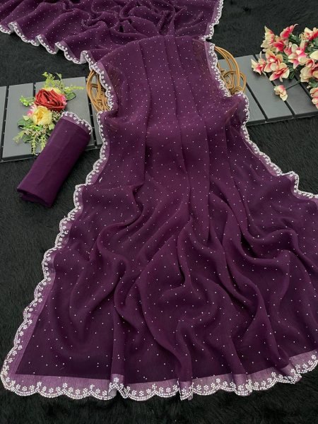 Wine Chiffon Swarovski Diamond Lace Work Saree Sale