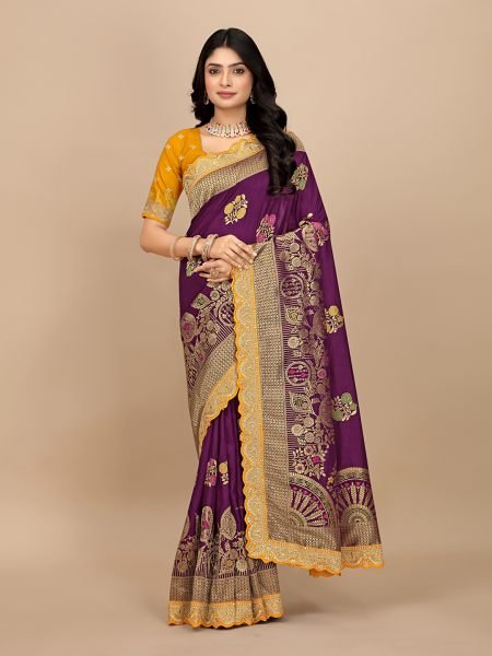 Wine Dola Silk Kanjivaram Saree with Jacquard Work and Embroidered Lace Border Kanjivaram Sarees