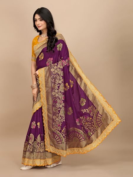 Wine Dola Silk Kanjivaram Saree with Jacquard Work and Embroidered Lace Border Kanjivaram Sarees