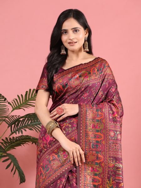 Wine Floral Printed Woven Zari Pashmina Saree Sale