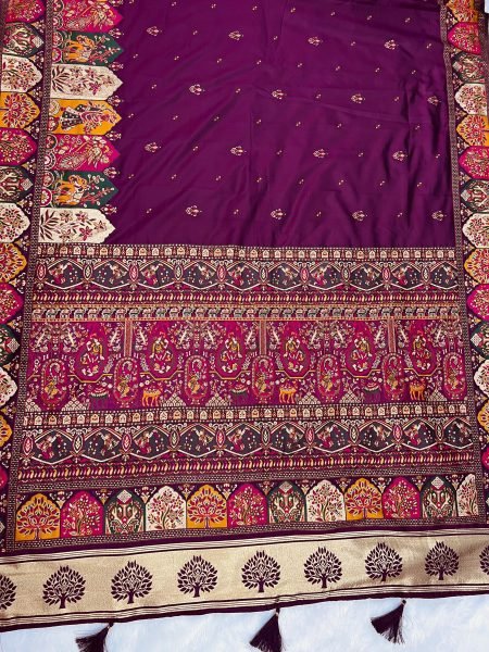 Wine Floral Printed Woven Zari Pashmina Saree Sale