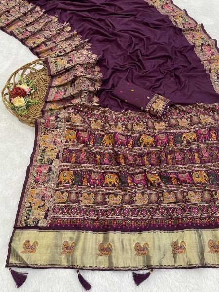 Wine Floral Printed Woven Zari Pashmina Saree Sale