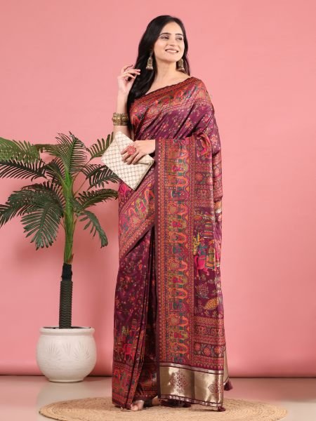 Wine Floral Printed Woven Zari Pashmina Saree Banarasi Sarees