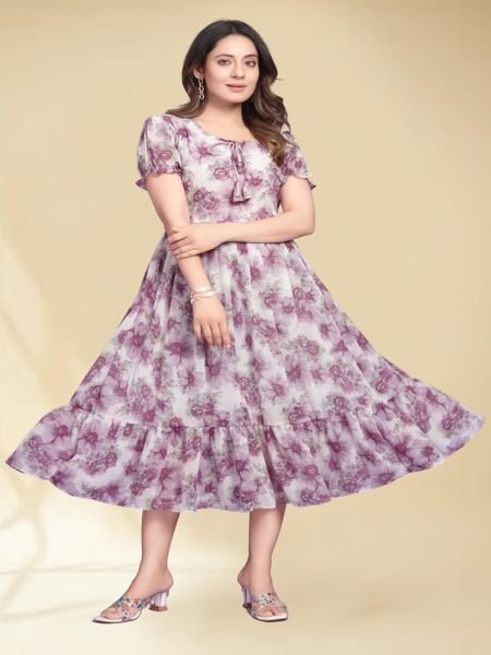 Wine Georgette Floral Print Maxi Dress with Puff Sleeves and Flared Jalar Design for Elegant Parties Dresses