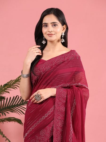 Wine Georgette Swarovski Diamond Work Saree Sale