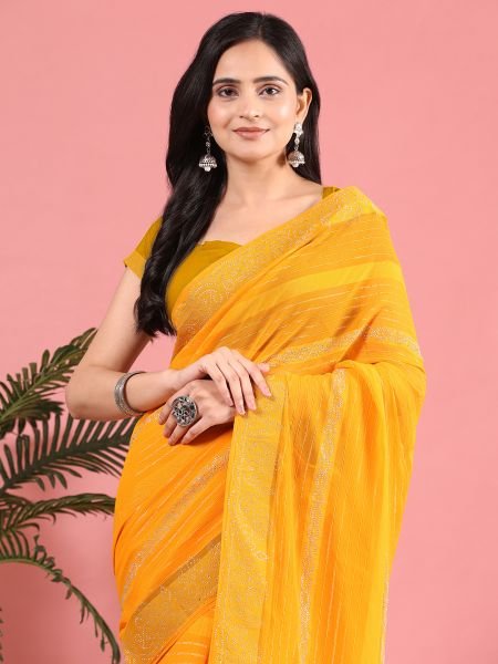 Gold Georgette Swarovski Diamond Work Saree Sale