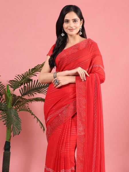 Red Georgette Swarovski Diamond Work Saree Sale