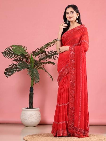 Red Georgette Swarovski Diamond Work Saree Designer Sarees
