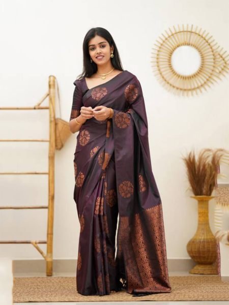 Wine Pure Silk Jacquard Woven Kanjivaram Saree Sale
