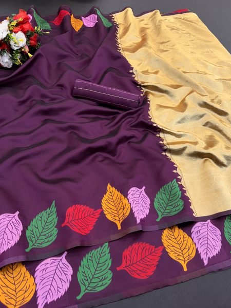 Wine Pure Silk Kanjivaram Saree with Jacquard Leaf Border Sale