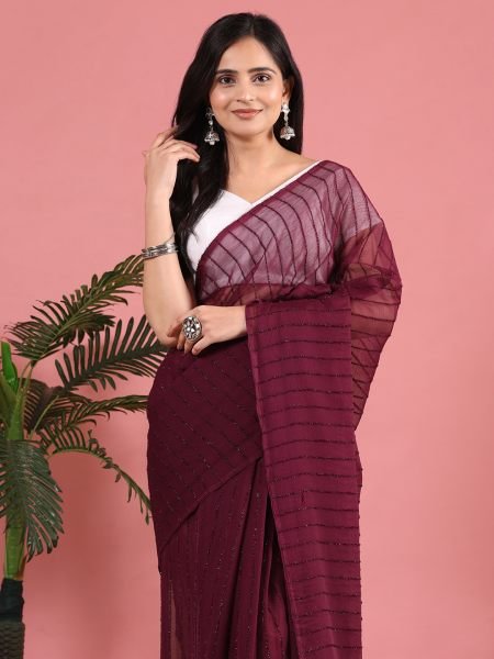 Wine Ready To Wear Chiffon Zari Linen Saree Sale