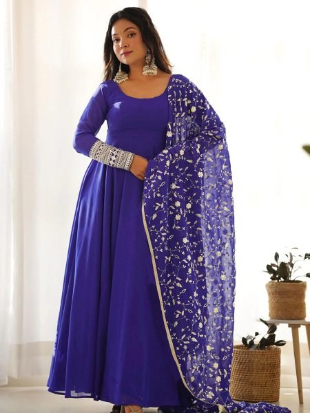 Women Georgette Embroidery  Royal Blue Gown Dupatta Set Gown