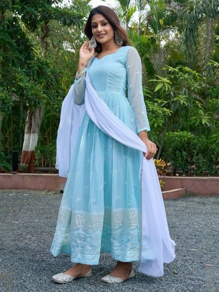 Women Georgette Embroidery Sky Blue Gown Dupatta Set Gown