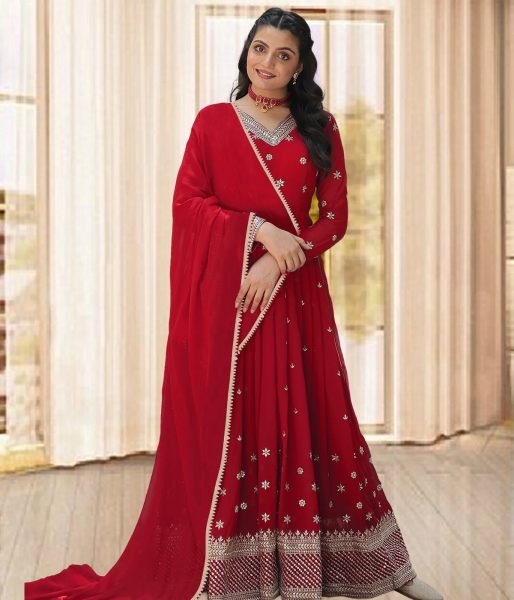 Women Red Georgette Gown Dupatta Set Gown