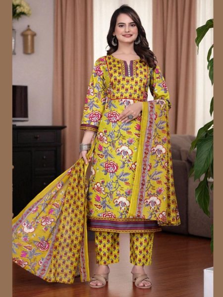Women s Cotton Floral Printed Kurta Set with Dupatta Kurta Sets