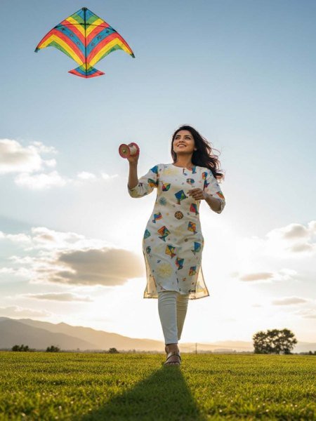 Women   s White Cotton Blend Kite Print Kurti for Makar Sankranti Daily Deals
