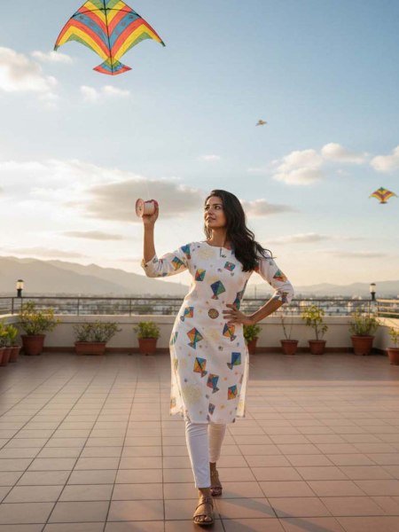 Women   s White Cotton Blend Kite Print Kurti for Makar Sankranti Tunics Kurtis