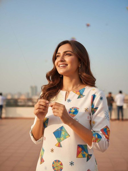 Women   s White Cotton Blend Kite Print Kurti for Makar Sankranti Tunics Kurtis