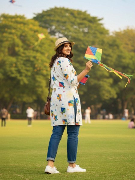 Women   s White Cotton Blend Kite Print Kurti for Makar Sankranti Tunics Kurtis