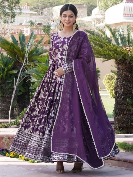 Woven  Embroidered Art Silk Purple Anarkali Gown Gown