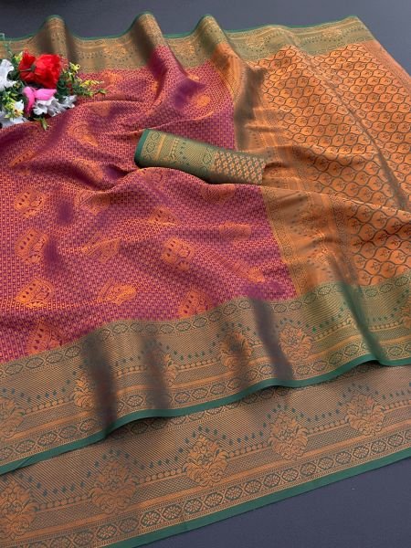 Woven Kanjivaram Soft Silk Copper Rich Pallu Saree Daily Deals