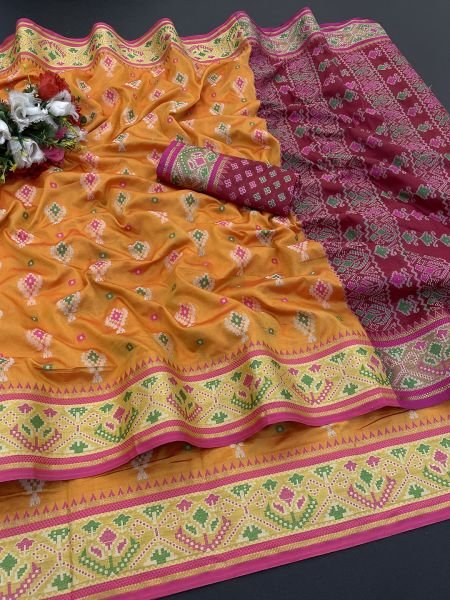Woven Patola Jacquard Pure Silk Orange Saree Sale