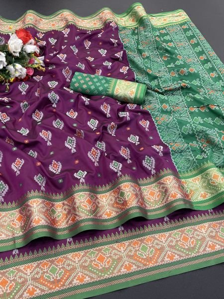 Woven Patola Jacquard Pure Silk Wine Saree Sale