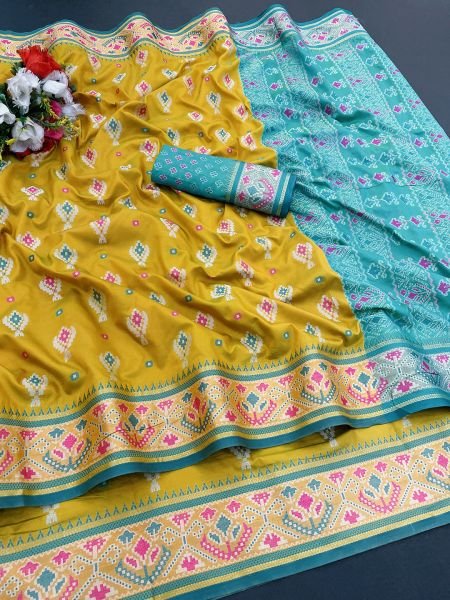 Woven Patola Jacquard Pure Silk Yellow Saree Sale