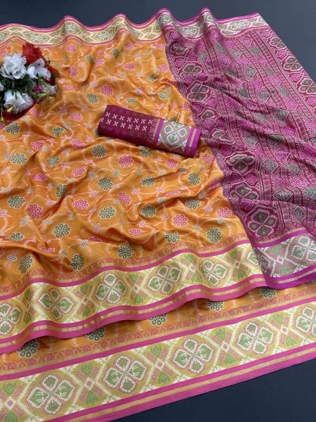 Woven Patola Jacquard Pure Silk Yellow Saree Sale