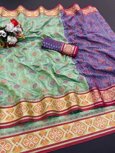 Woven Patola Jacquard Pure Silk Pista Green Saree Sale