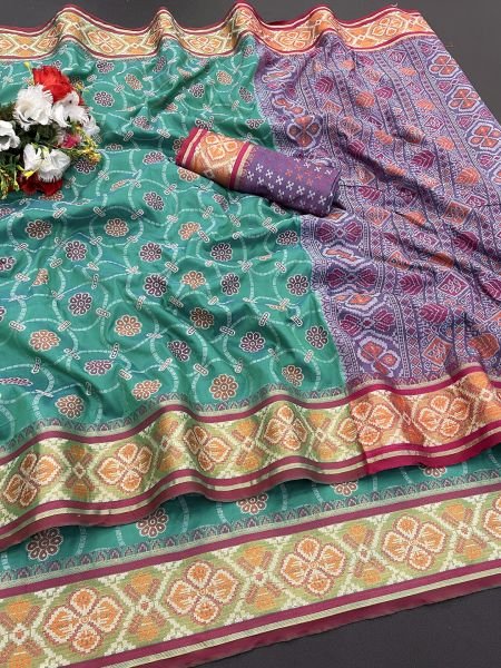 Woven Patola Jacquard Pure Silk Rama Saree Sale