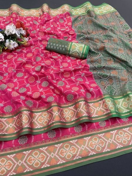 Woven Patola Jacquard Pure Silk Rani Pink Saree Sale