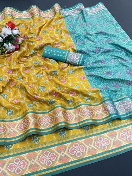 Woven Patola Jacquard Pure Silk Yellow Saree Sale