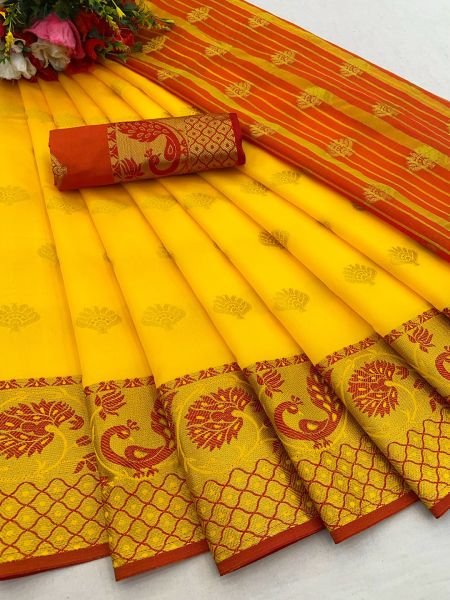 Yellow Banarasi Cotton Silk Saree with Jacquard Zari Weaving Sale