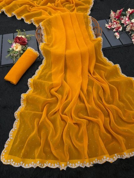 Yellow Chiffon Swarovski Diamond Lace Work Saree Sale