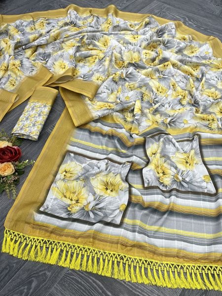 Yellow Cotton Silk Handloom Printed Saree with Tassel Border Pallu Sale