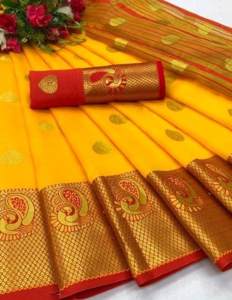 Yellow Cotton Silk Jacquard Woven Banarasi Saree with Zari for Festive Occasions Sale