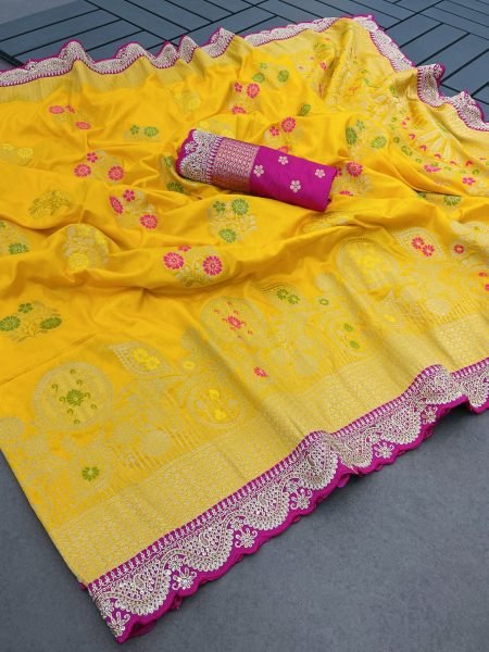 Yellow Dola Silk Banarasi Saree with Jacquard Embroidery and Lace Border Sale