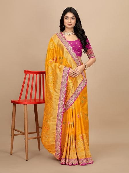 Yellow Dola Silk Kanjivaram Saree with Jacquard Work and Embroidered Lace Border Sale