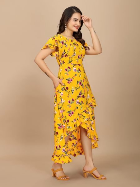 Yellow Floral Elegance High Low Ruffle Hemline Crape Dress with Butterfly Sleeves Dresses