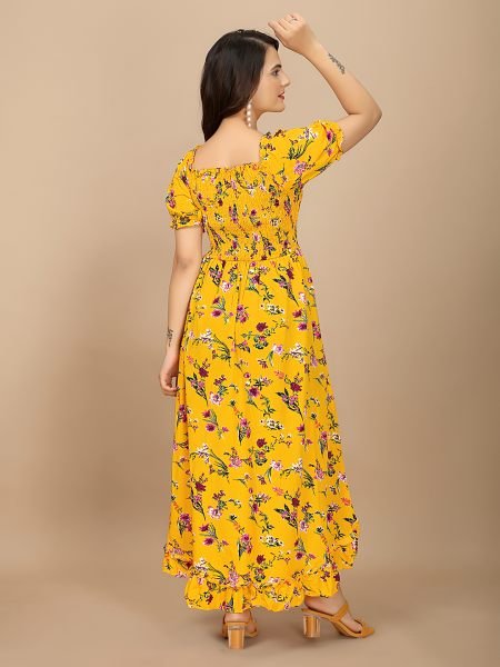 Yellow Floral Elegance Puff Sleeve High Low Maxi Dress with Elastic Closure Dresses
