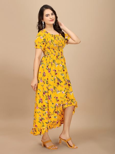 Yellow Floral Elegance Puff Sleeve High Low Maxi Dress with Elastic Closure Dresses
