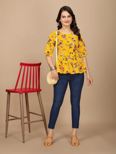 Yellow Floral Print Peplum Crop Top with Boat Neck Half Sleeves Tops & Tshirts