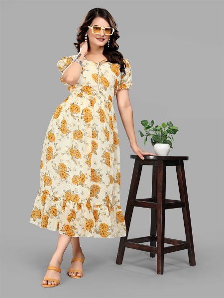 Yellow Georgette Floral Print Puff Sleeve Maxi Dress for Stunning Party Looks Sale