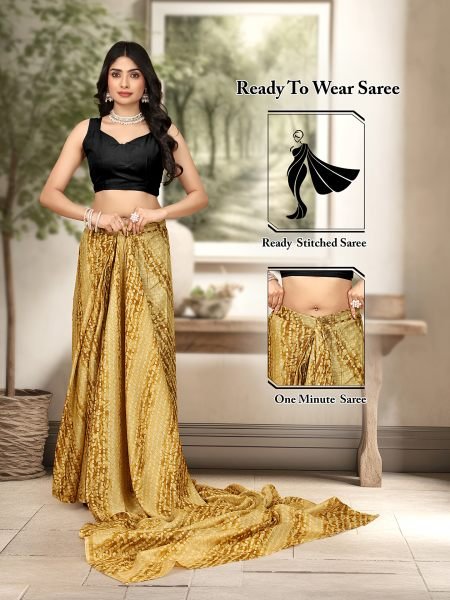 Yellow Gorgeous Manipuri Jute Silk Saree with Bandhani Print, Ready to Wear Sale